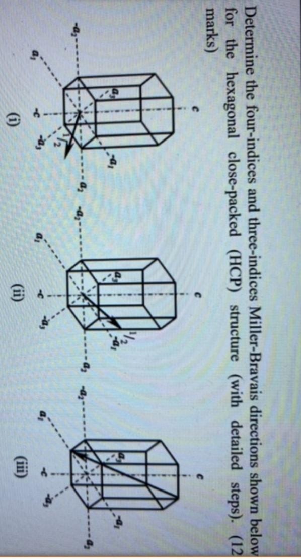 Determine the four-indices and three-indices Miller-Bravais directions shown below
for the hexagonal close-packed (HCP) structure (with detailed steps). (12
marks)
(i)
(ii)
