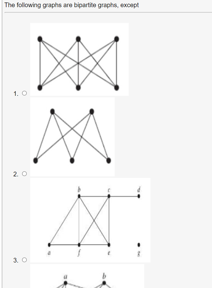 The following graphs are bipartite graphs, except
1. O
2. O
a
3. O
