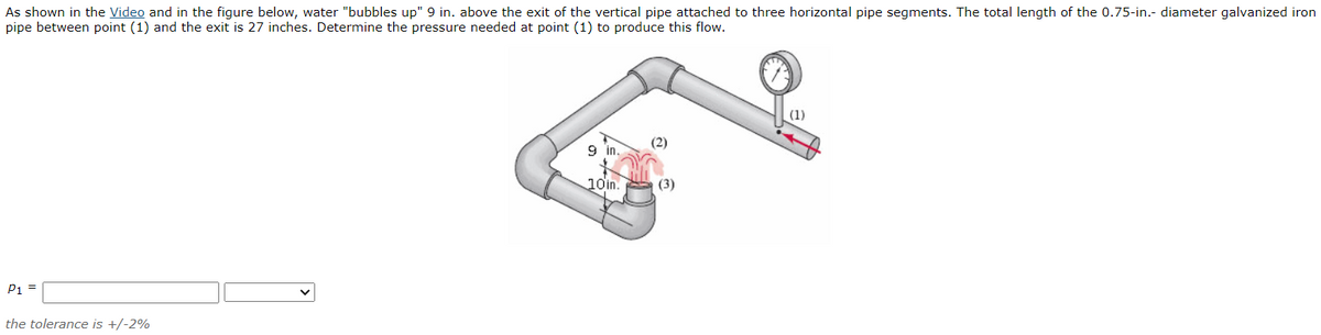 As shown in the Video and in the figure below, water "bubbles up" 9 in. above the exit of the vertical pipe attached to three horizontal pipe segments. The total length of the 0.75-in.- diameter galvanized iron
pipe between point (1) and the exit is 27 inches. Determine the pressure needed at point (1) to produce this flow.
(1)
(2)
9 in.
10in.
(3)
P1 =
the tolerance is +/-2%
