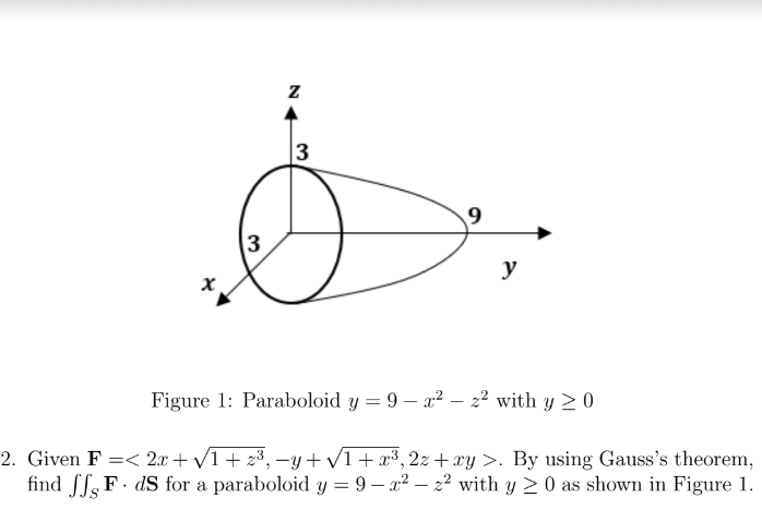 3
3
9
y
x
Figure 1: Paraboloid y = 9x² - 2² with y ≥ 0
2. Given F =< 2x + √1 + z³, −y + √1 + x³, 2z+xy >. By using Gauss's theorem,
find ff F. ds for a paraboloid y = 9-x²z² with y ≥0 as shown in Figure 1.