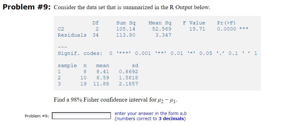 Problem #9: Consider the data set that is summarized in the R Output below.
Sum Sq
105.14
Mean Sq
52.569
F Value
15.71
113.80
3.347
Problem #9:
Df
2
Residuals 34
C2
Signif. codes: 0 1*** 0.001 ** 0.01 * 0.05. 0.1¹ 1
sample n
1
2
3
mean
8 8.41
10 8.59
19 11.88
sd
0.8692
1.5818
2.1857
Pr (>F)
0.0000 ***
Find a 98% Fisher confidence interval for ₂-1.
enter your answer in the form a,b
(numbers correct to 3 decimals)