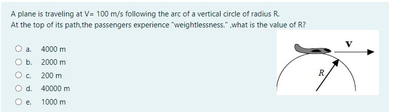 A plane is traveling at V= 100 m/s following the arc of a vertical circle of radius R.
At the top of its path,the passengers experience "weightlessness." ,what is the value of R?
V
а.
4000 m
O b. 2000 m
O c. 200 m
R
O d. 40000 m
O e.
1000 m
