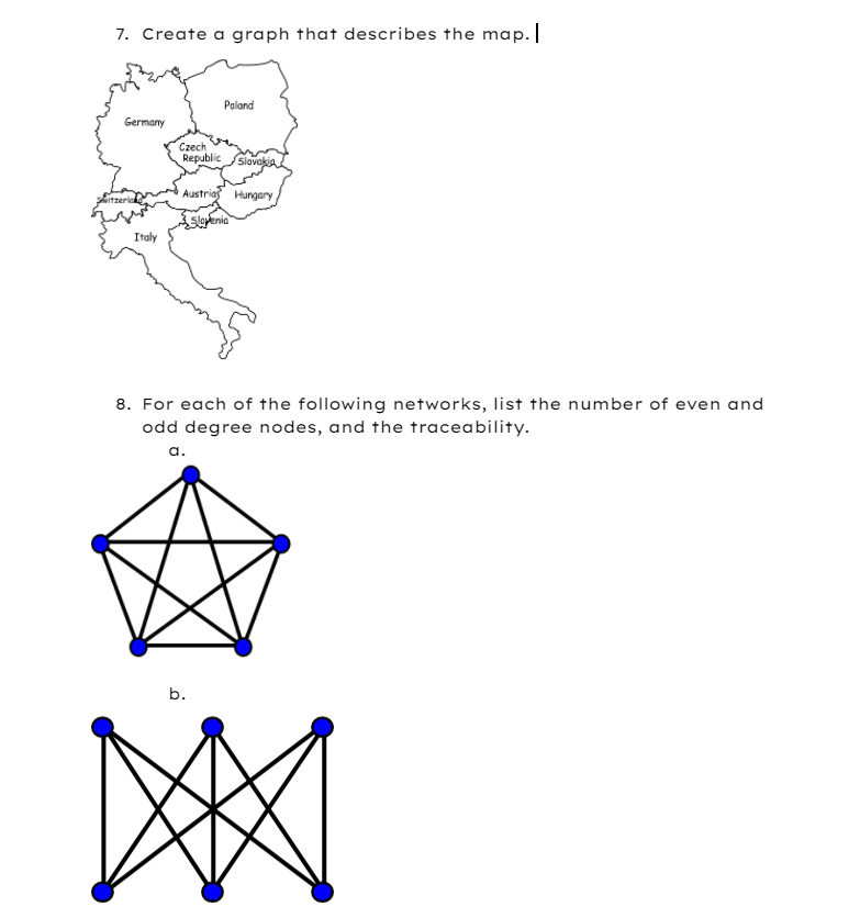 7. Create a graph that describes the map.
Paland
Germany
Czech
Republic
Slovakia
Austrias Hungary
Sloenia
Italy
8. For each of the following networks, list the number of even and
odd degree nodes, and the traceability.
a.
b.
