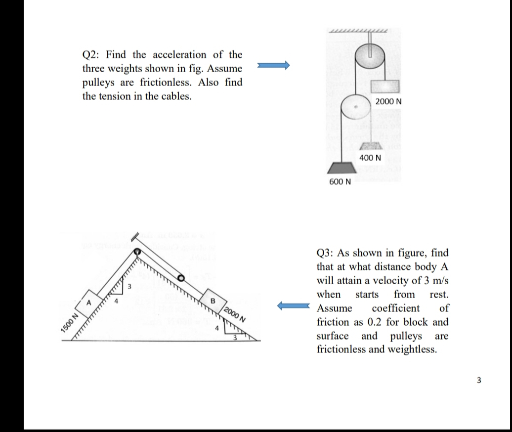 Q2: Find the acceleration of the
three weights shown in fig. Assume
pulleys are frictionless. Also find
the tension in the cables.
O
1500 N 7
B
2000 N
2000 N
400 N
600 N
Q3: As shown in figure, find
that at what distance body A
will attain a velocity of 3 m/s
when starts from rest.
Assume coefficient of
friction as 0.2 for block and
surface and pulleys are
frictionless and weightless.
3