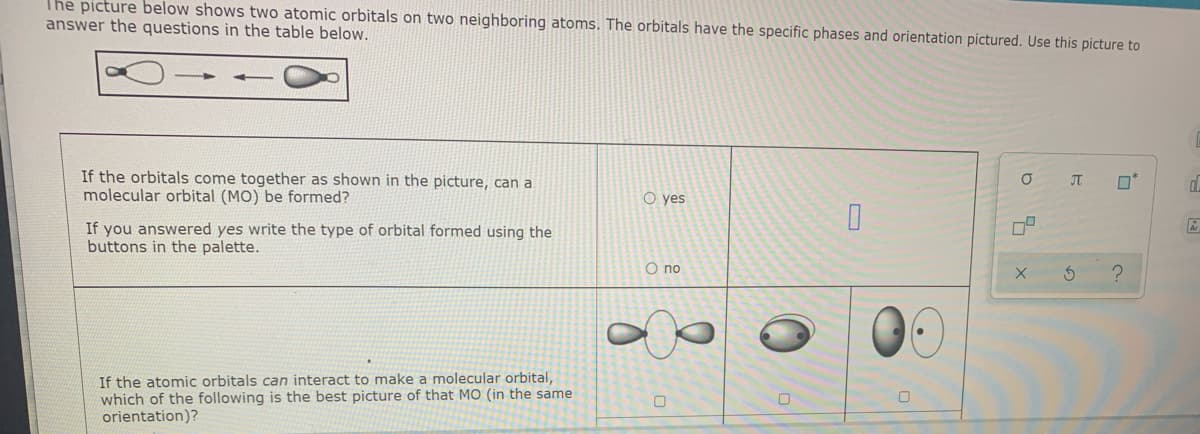 The picture below shows two atomic orbitals on two neighboring atoms. The orbitals have the specific phases and orientation pictured. Use this picture to
answer the questions in the table below.
If the orbitals come together as shown in the picture, can a
molecular orbital (MO) be formed?
JT
O yes
If you answered yes write the type of orbital formed using the
buttons in the palette.
O no
If the atomic orbitals can interact to make a molecular orbital,
which of the following is the best picture of that MO (in the same
orientation)?
