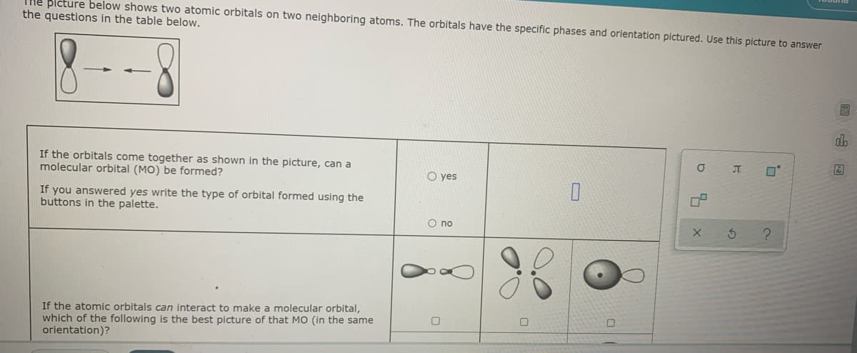 He picture below shows two atomic orbitals on two neighboring atoms. The orbitals have the specific phases and orientation pictured. Use this picture to answer
the questions in the table below.
If the orbitals come together as shown in the picture, can a
molecular orbital (MO) be formed?
JT
O yes
If you answered yes write the type of orbital formed using the
buttons in the palette.
O no
If the atomic orbitals can interact to make a molecular orbital,
which of the following is the best picture of that MO (in the same
orientation)?
