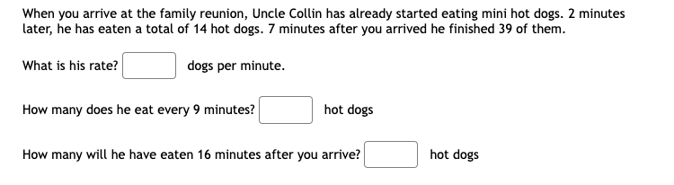 When you arrive at the family reunion, Uncle Collin has already started eating mini hot dogs. 2 minutes
later, he has eaten a total of 14 hot dogs. 7 minutes after you arrived he finished 39 of them.
What is his rate?
dogs per minute.
How many does he eat every 9 minutes?
hot dogs
How many will he have eaten 16 minutes after you arrive?
hot dogs
