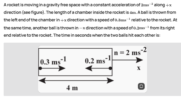 A rocket is moving in a gravity free space with a constant acceleration of 2ms² along +x
direction (see figure). The length of a chamber inside the rocket is 4m. A ball is thrown from
the left end of the chamber in +x direction with a speed of 0.3ms-1 relative to the rocket. At
the same time, another ball is thrown in –x direction withaspeed of 0.2ms-1 from its right
end relative to the rocket. The time in seconds when the two balls hit each other is:
= 2 ms 2
-1
0.3 ms
0.2 ms-
X
4 m
