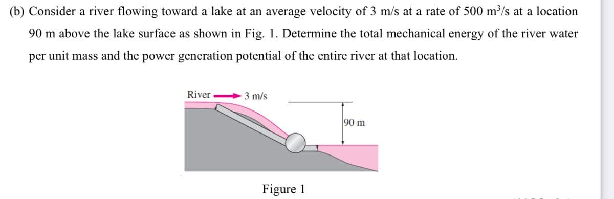 (b) Consider a river flowing toward a lake at an average velocity of 3 m/s at a rate of 500 m³/s at a location
90 m above the lake surface as shown in Fig. 1. Determine the total mechanical energy of the river water
per unit mass and the power generation potential of the entire river at that location.
River
3 m/s
90 m
Figure 1
