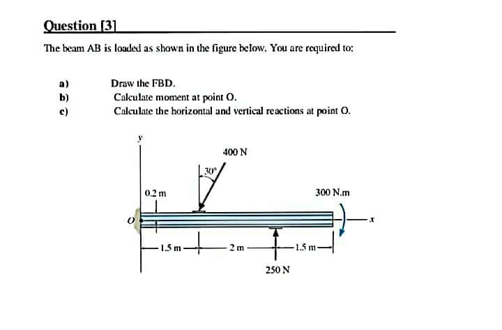 Question [3]
The beam AB is loaded as shown in the figure below. You are required to:
b)
Draw the FBD.
Calculate moment at point O.
Calculate the horizontal and vertical reactions at point O.
O
0.2 m
-1.5 m
30°
400 N
2 m
250 N
300 N.m
1.5 m-