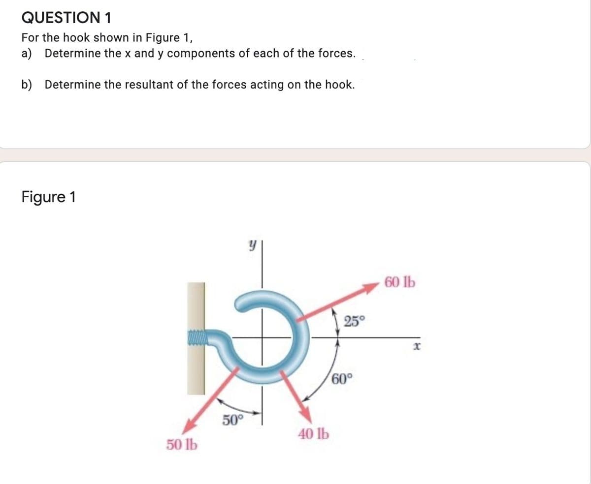 QUESTION 1
For the hook shown in Figure 1,
a) Determine the x and y components of each of the forces.
b) Determine the resultant of the forces acting on the hook.
Figure 1
60 lb
25°
x
60°
50°
40 lb
50 lb
