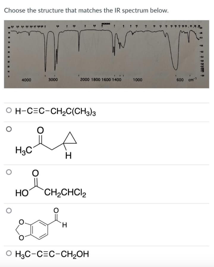 Choose the structure that matches the IR spectrum below.
4000
3000
2000 1800 1600 1400
1000
600 cm1
O H-C=C-CH2C(CH3)3
H3C
HO
CH2CHCI2
H.
O H3C-C=C-CH,OH
......
