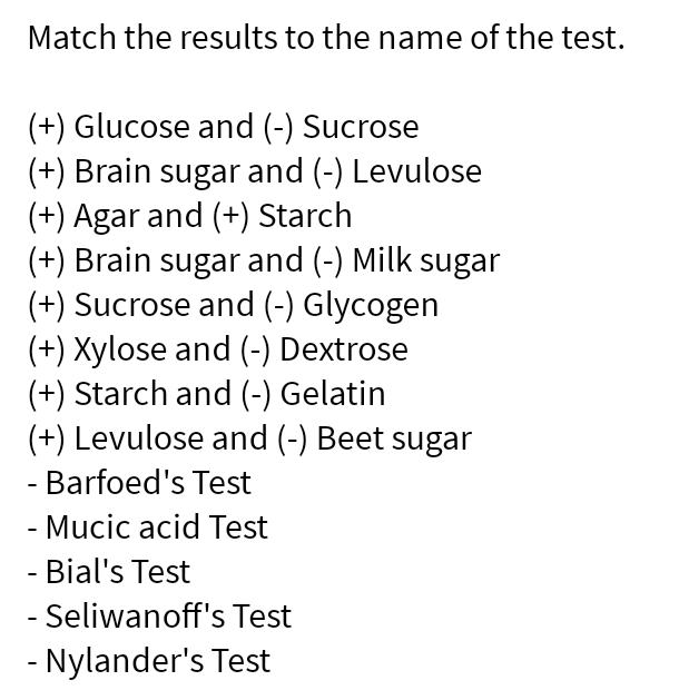 Match the results to the name of the test.
(+) Glucose and (-) Sucrose
(+) Brain sugar and (-) Levulose
(+) Agar and (+) Starch
(+) Brain sugar and (-) Milk sugar
(+) Sucrose and (-) Glycogen
(+) Xylose and (-) Dextrose
(+) Starch and (-) Gelatin
(+) Levulose and (-) Beet sugar
- Barfoed's Test
- Mucic acid Test
- Bial's Test
- Seliwanoff's Test
- Nylander's Test
