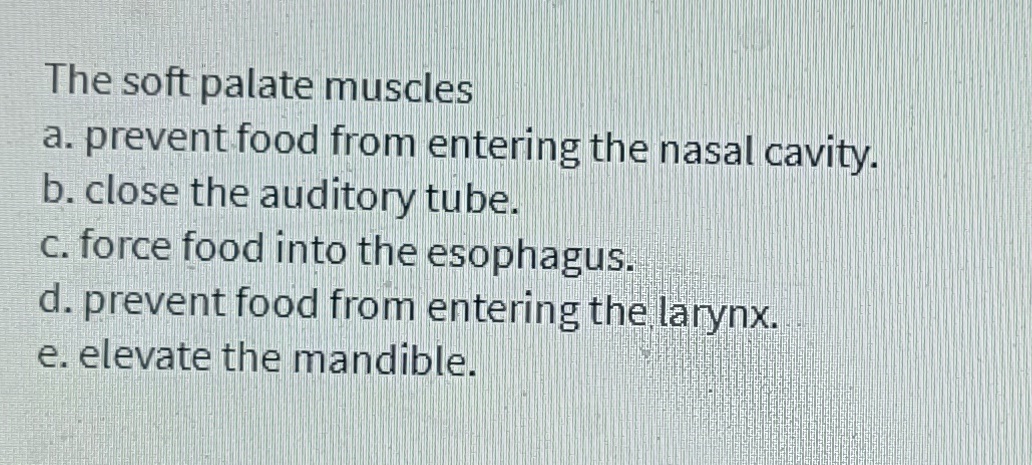 The soft palate muscles
a. prevent food from entering the nasal cavity.
b. close the auditory tube.
c. force food into the esophagus.
d. prevent food from entering the larynx.
e. elevate the mandible.