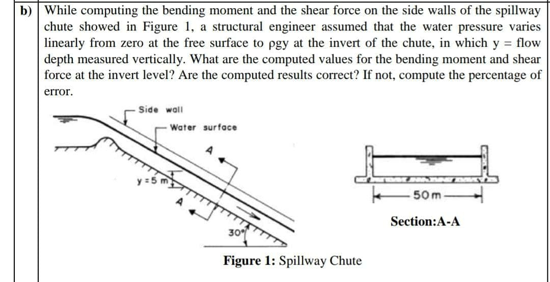 b) While computing the bending moment and the shear force on the side walls of the spillway
chute showed in Figure 1, a structural engineer assumed that the water pressure varies
linearly from zero at the free surface to pgy at the invert of the chute, in which y flow
depth measured vertically. What are the computed values for the bending moment and shear
force at the invert level? Are the computed results correct? If not, compute the percentage of
error.
Side wall
Water surface
50 m
Section:A-A
30
Figure 1: Spillway Chute
