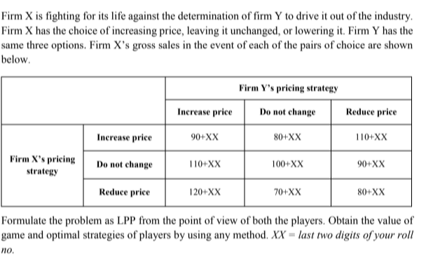 Firm X is fighting for its life against the determination of firm Y to drive it out of the industry.
Firm X has the choice of increasing price, leaving it unchanged, or lowering it. Firm Y has the
same three options. Firm X's gross sales in the event of each of the pairs of choice are shown
below.
Firm Y's pricing strategy
Increase price
Do not change
Reduce price
Increase price
90+XX
80+XX
110+XX
Firm X's pricing
Do not change
110+XX
100+XX
90+XX
strategy
Reduce price
120+XX
70+XX
80+XX
Formulate the problem as LPP from the point of view of both the players. Obtain the value of
game and optimal strategies of players by using any method. XX = last two digits of your roll
по.

