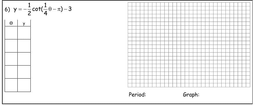 6) Y =
1
cot(0-n)-3
e
Period:
Graph:
