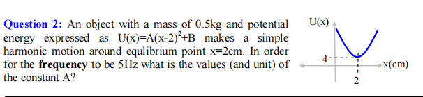 U(x)
Question 2: An object with a mass of 0.5kg and potential
energy expressed as U(x)=A(x-2)²+B_makes a simple
harmonic motion around equlibrium point x=2cm. In order
for the frequency to be 5Hz what is the values (and unit) of
x(cm)
the constant A?
