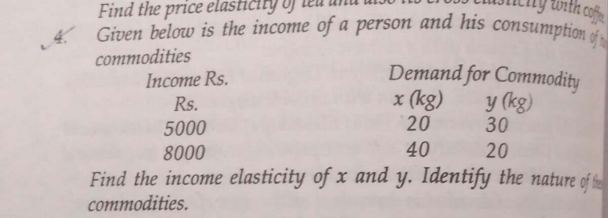 Given below is the income of a person and his consumption of hi
Find the price elastičity Uj leu
with cofe
commodities
Income Rs.
Demand for Commodity
x (kg)
20
y (kg)
30
Rs.
5000
8000
40
20
Find the income elasticity of x and y. Identify the nature of te
commodities.
