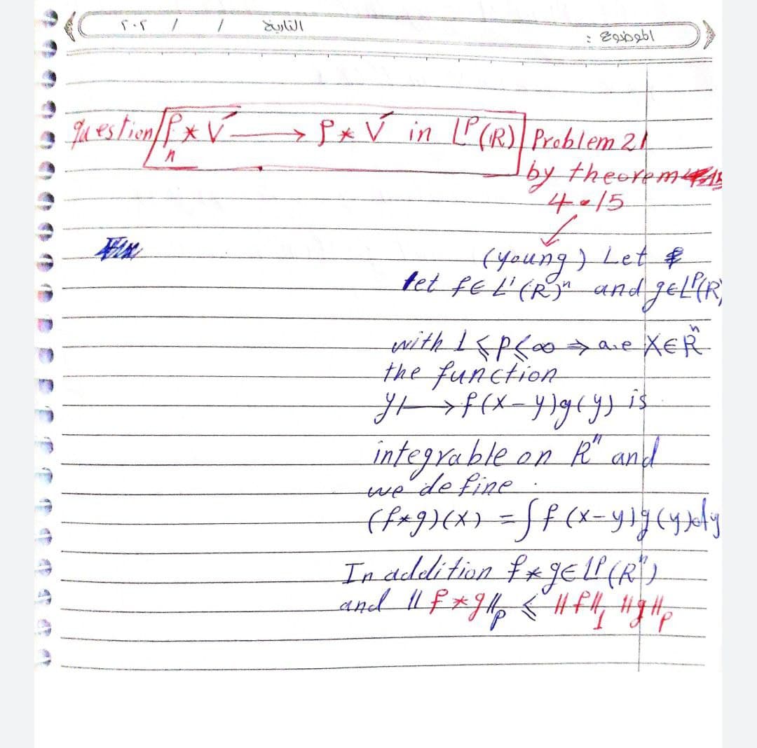 fxV in ľ(R) Problem 21
by theoremrs
4-15
fyoung) Let R
tet fet'(R and jel(R,
the function
integra ble on R" and
we'define
In adlition f#9EELL (R)
