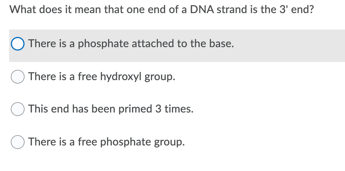 What does it mean that one end of a DNA strand is the 3' end?
There is a phosphate attached to the base.
There is a free hydroxyl group.
This end has been primed 3 times.
There is a free phosphate group.
