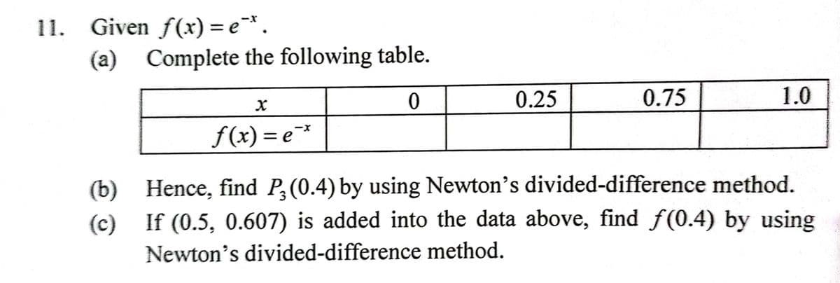 11. Given f(x) = e¯* .
(a) Complete the following table.
0.25
0.75
1.0
f(x) = e¯*
(b) Hence, find P,(0.4) by using Newton's divided-difference method.
(c) If (0.5, 0.607) is added into the data above, find f(0.4) by using
Newton's divided-difference method.
