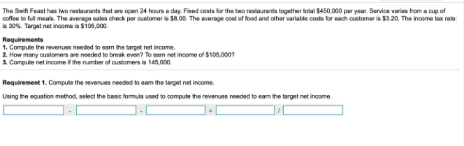 The Swift Feast has two restaurants that are open 24 hours a day. Fixed costs for the two restaurants together total $450,000 per year. Service varies from a cup of
coffee to full meals. The average sales check per customer is $8.00. The average cost of food and other variable costs for each customer is $3.20. The income tax rate
is 30%. Target net income is $105,000.
Requirements
1. Compute the revenues needed to eam the target net income.
2. How many customers are needed to break even? To eam net income of $105,000?
3. Compute net income if the number of customers is 145,000.
Requirement 1. Compute the revenues needed to eam the target net income.
Using the equation method, select the basic formula used to compute the revenues needed to earn the target net income.
