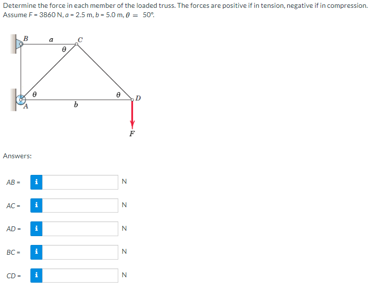 Determine the force in each member of the loaded truss. The forces are positive if in tension, negative if in compression.
Assume F = 3860 N, a = 2.5m, b = 5.0 m, 0 = 50°
Answers:
B
AB= i
AC =
i
AD = i
CD=
BC= i
i
a
Ꮎ
b
0
Z Z Z Z Z
N
N
N
F