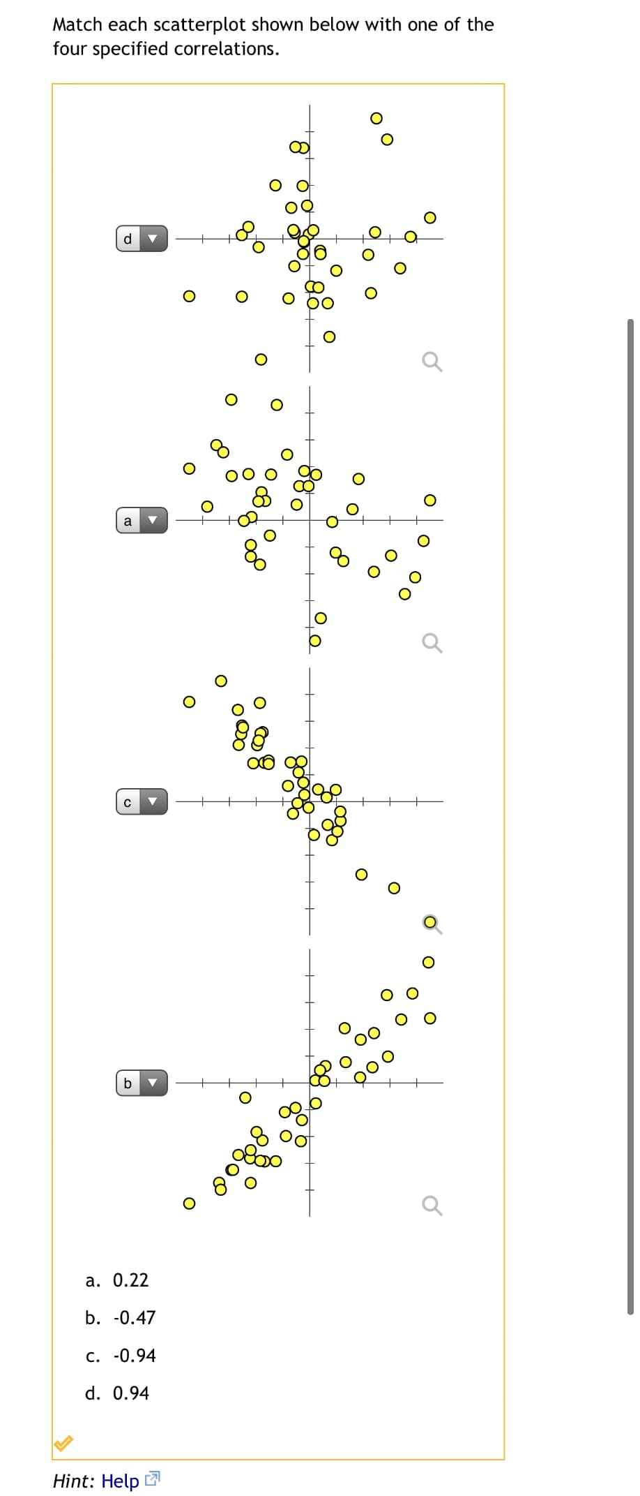 Match each scatterplot shown below with one of the
four specified correlations.
d
a
a. 0.22
b. -0.47
C. -0.94
d. 0.94
Hint: Help
