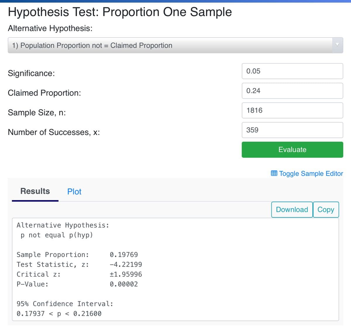 Hypothesis Test: Proportion One Sample
Alternative Hypothesis:
1) Population Proportion not = Claimed Proportion
0.05
Significance:
0.24
Claimed Proportion:
1816
Sample Size, n:
Number of Successes, x:
359
Evaluate
E Toggle Sample Editor
Results
Plot
Download
Сopy
Alternative Hypothesis:
p not equal p(hyp)
Sample Proportion:
0.19769
Test Statistic, z:
-4.22199
Critical z:
+1.95996
P-Value:
0.00002
95% Confidence Interval:
0.17937 <p < 0.21600
