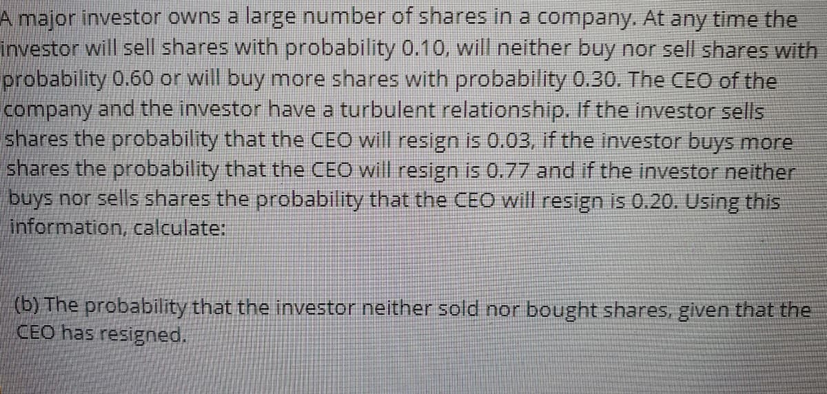 A major investor owns a large number of shares in a company. At any time the
investor will sell shares with probability 0.10, will neither buy nor sell shares with
probability 0.60 or will buy more shares with probability 0.30. The CEO of the
company and the investor have a turbulent relationship. If the investor sells
shares the probability that the CEO will resign is 0.03, if the investor buys more
shares the probability that the CEO will resign is 0.77 and if the investor neither
buys nor sells shares the probability that the CEO will resign is 0.20. Using this
information, calculate:
(b) The probability that the investor neither sold nor bought shares, given that the
CEO has resigned.
