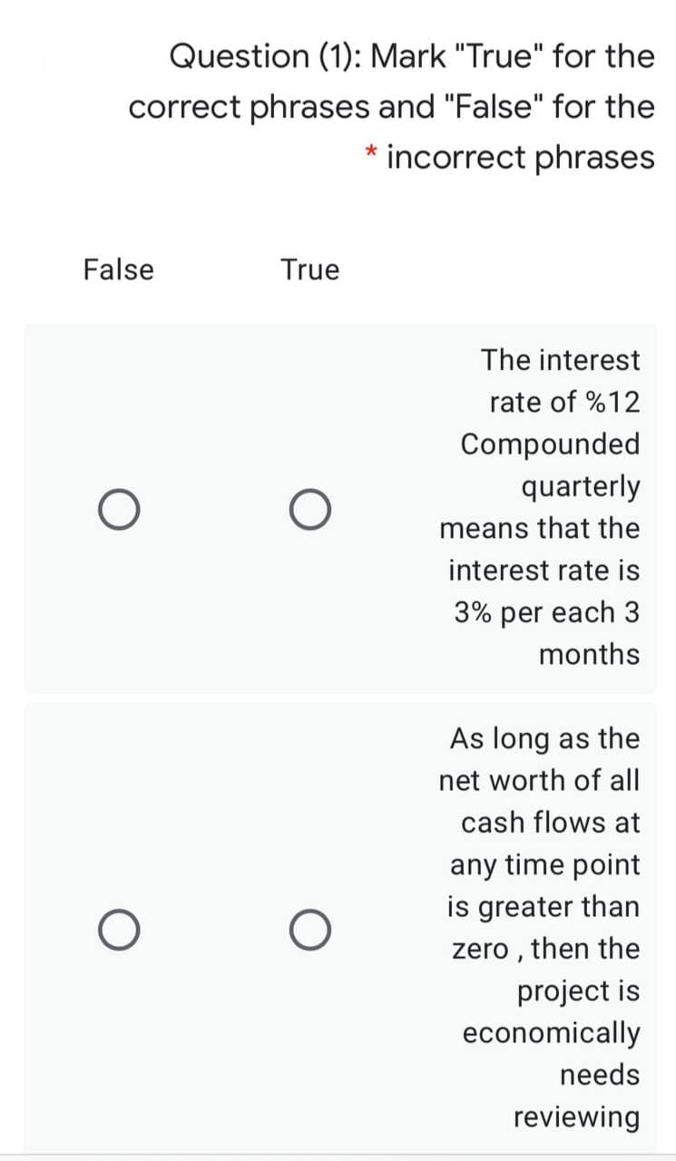 Question (1): Mark "True" for the
correct phrases and "False" for the
* incorrect phrases
False
True
The interest
rate of %12
Compounded
quarterly
means that the
interest rate is
3% per each 3
months
As long as the
net worth of all
cash flows at
any time point
is greater than
zero ,
then the
project is
economically
needs
reviewing
