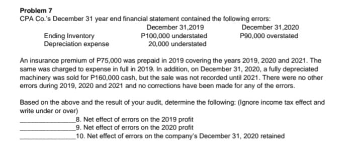 Problem 7
CPA Co.'s December 31 year end financial statement contained the following errors:
December 31,2019
December 31,2020
Ending Inventory
Depreciation expense
P100,000 understated
P90,000 overstated
20,000 understated
An insurance premium of P75,000 was prepaid in 2019 covering the years 2019, 2020 and 2021. The
same was charged to expense in full in 2019. In addition, on December 31, 2020, a fully depreciated
machinery was sold for P160,000 cash, but the sale was not recorded until 2021. There were no other
errors during 2019, 2020 and 2021 and no corrections have been made for any of the errors.
Based on the above and the result of your audit, determine the following: (Ignore income tax effect and
write under or over)
8. Net effect of errors on the 2019 profit
_9. Net effect of errors on the 2020 profit
_10. Net effect of errors on the company's December 31, 2020 retained
