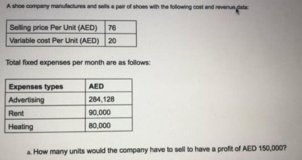 A shoe company manufactures and sells a pair of shoes with the following cost and revenue data:
Selling price Per Unit (AED) 76
Variable cost Per Unit (AED) 20
Total fixed expenses per month are as follows:
Expenses types
AED
Advertising
284,128
Rent
90,000
Heating
80,000
a. How many units would the company have to sell to have a profit of AED 150,000?
