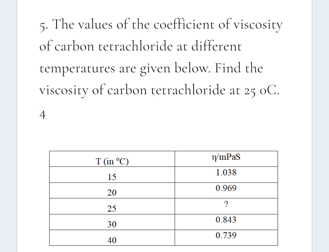 5.
The values of the coefficient of viscosity
of carbon tetrachloride at different
temperatures are given below. Find the
viscosity of carbon tetrachloride at 25 oC.
4
n/mPaS
T (in °C)
1.038
15
0.969
20
?
25
0.843
30
0.739
40
