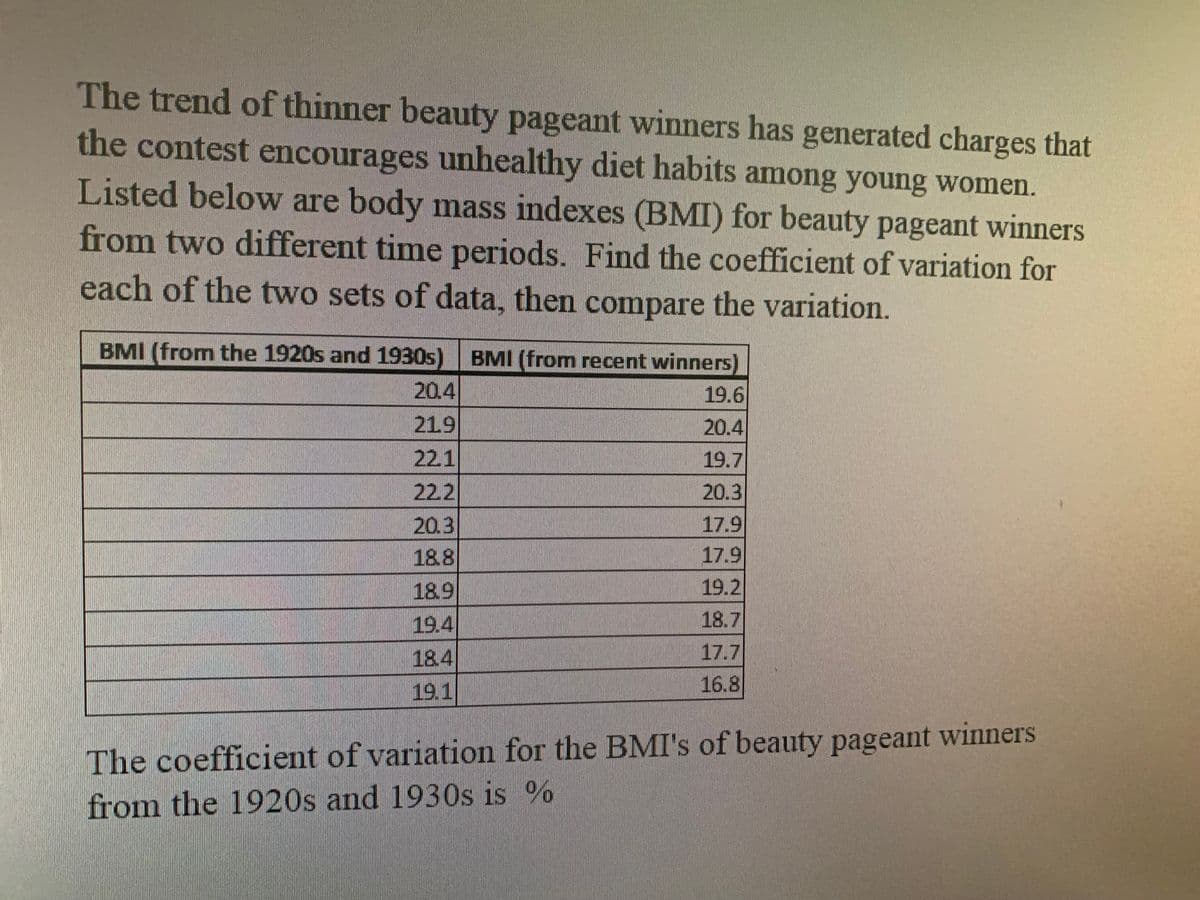 The trend of thinner beauty pageant winners has generated charges that
the contest encourages unhealthy diet habits among young women.
Listed below are body mass indexes (BMI) for beauty pageant winners
from two different time periods. Find the coefficient of variation for
each of the two sets of data, then compare the variation.
BMI (from the 1920s and 1930s) BMI (from recent winners)
20.4
19.6
219
20.4
221
19.7
22.2
20.3
20.3
17.9
18.8
| 17.9
18.9
19.2
18.7
19.4
184
19.1
17.7
16.8
The coefficient of variation for the BMI's of beauty pageant winners
from the 1920s and 1930s is %
