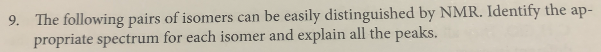 9. The following pairs of isomers can be easily distinguished by NMR. Identify the ap-
propriate spectrum for each isomer and explain all the peaks.
