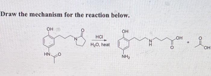 Draw the mechanism for the reaction below.
OH
HN.
HCI
H2O, heat
OH
NH₂
дон.
OH