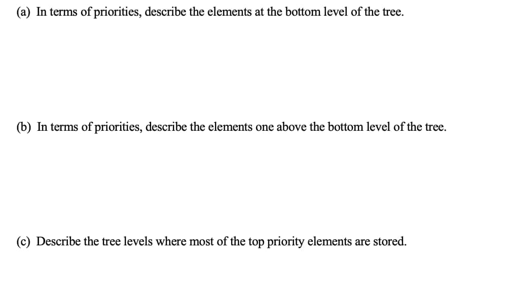(a) In terms of priorities, describe the elements at the bottom level of the tree.
(b) In terms of priorities, describe the elements one above the bottom level of the tree.
(c) Describe the tree levels where most of the top priority elements are stored.