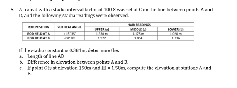 5. A transit with a stadia interval factor of 100.8 was set at C on the line between points A and
B, and the following stadia readings were observed.
ROD POSITION
ROD HELD AT A
ROD HELD AT B
VERTICAL ANGLE
+15° 35′
- 08* 08
UPPER (a)
1.330 m
1.972
HAIR READINGS
MIDDLE (c)
1.175 m
1.854
LOWER (b)
1.020 m
1.736
If the stadia constant is 0.381m, determine the:
a. Length of line AB
b.
Difference in elevation between points A and B.
c.
If point C is at elevation 150m and HI = 1.58m, compute the elevation at stations A and
B.