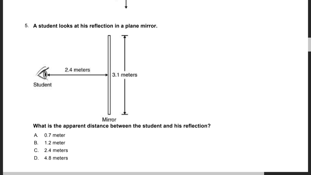 5. A student looks at his reflection in a plane mirror.
2.4 meters
3.1 meters
Student
Mirror
What is the apparent distance between the student and his reflection?
A
0.7 meter
В.
1.2 meter
С.
2.4 meters
D. 4.8 meters
