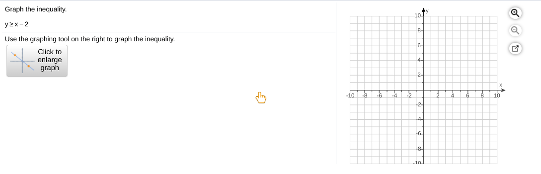 Graph the inequality.
个y
10-
y2x-2
8-
Use the graphing tool on the right to graph the inequality.
6-
Click to
enlarge
graph
2-
10
-6
4
10
-2-
-4
-6-
-8-
10
