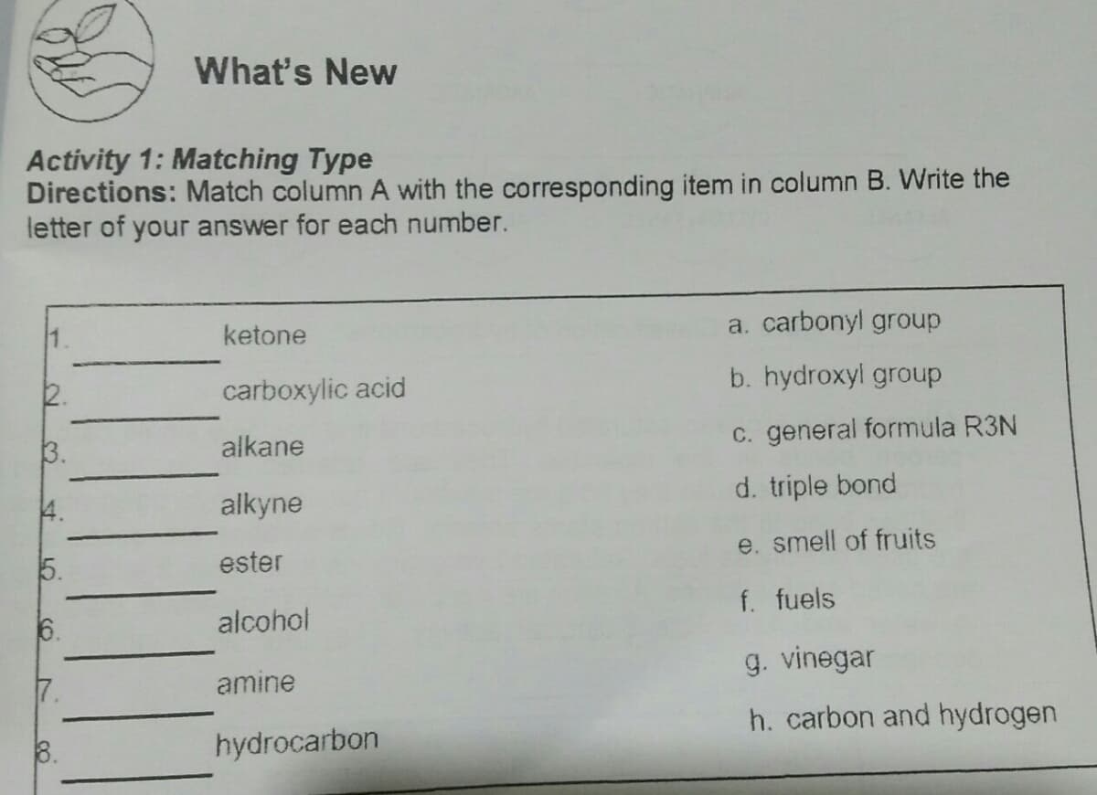 What's New
Activity 1: Matching Type
Directions: Match column A with the corresponding item in column B. Write the
letter of your answer for each number.
1.
ketone
a. carbonyl group
2.
carboxylic acid
b. hydroxyl group
3.
alkane
C. general formula R3N
4.
alkyne
d. triple bond
5.
ester
e. smell of fruits
6.
alcohol
f. fuels
amine
g. vinegar
h. carbon and hydrogen
8.
hydrocarbon
7
