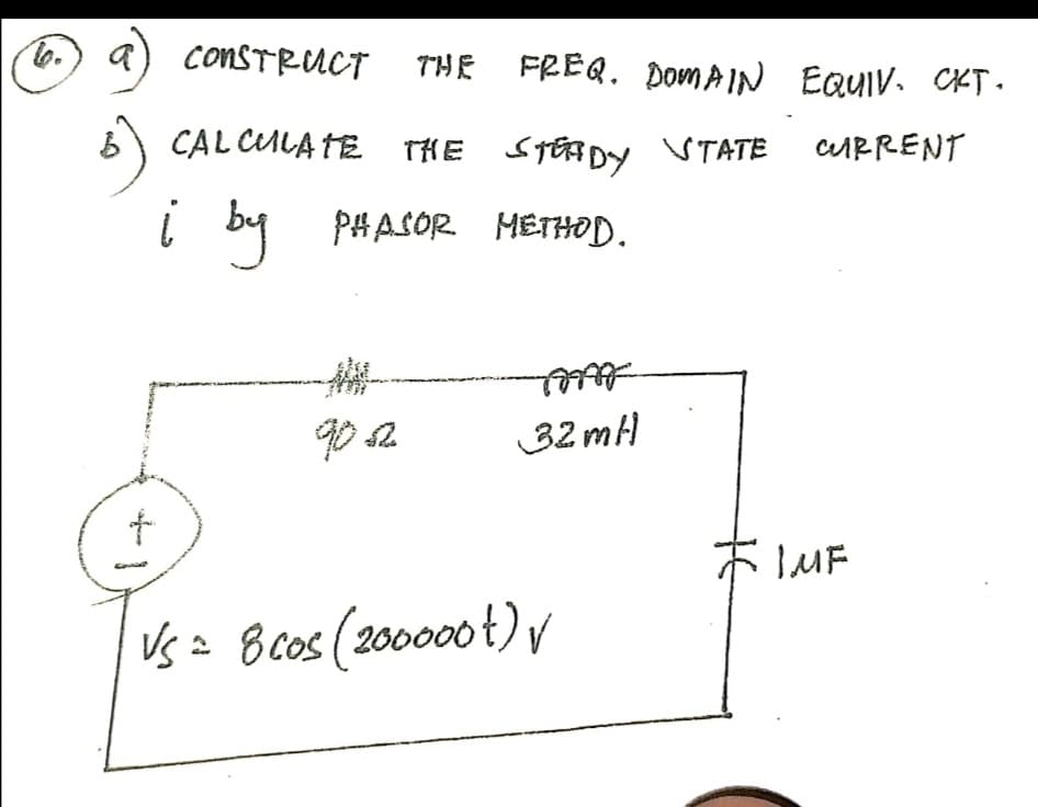 CONSTRUCT THE FREQ. DomAIN EQUIV. CKT.
CAL CULA TE THE STERDY V TATE
CURRENT
i by
PHASOR METHOD.
32 mH
ボ 1uF
Vs = 8cos (200000t) y
