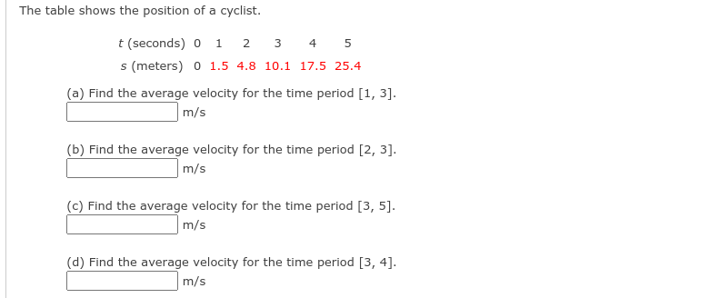 The table shows the position of a cyclist.
t (seconds) 0 1 2 3 4 5
s (meters) 0 1.5 4.8 10.1 17.5 25.4
(a) Find the average velocity for the time period [1, 3].
m/s
(b) Find the average velocity for the time period [2, 3].
m/s
(c) Find the average velocity for the time period [3, 5].
m/s
(d) Find the average velocity for the time period [3, 4].
m/s
