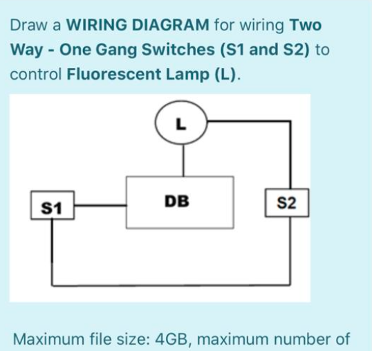 Draw a WIRING DIAGRAM for wiring Two
Way - One Gang Switches (S1 and S2) to
control Fluorescent Lamp (L).
L
S1
DB
S2
Maximum file size: 4GB, maximum number of
