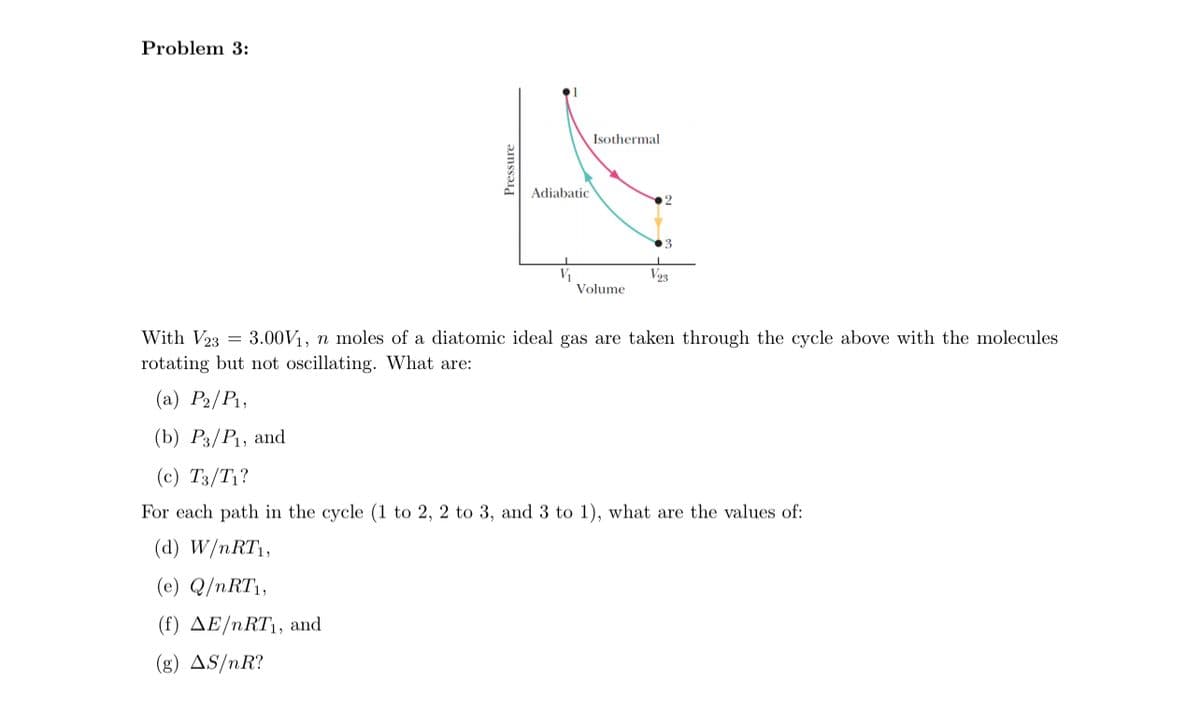 Problem 3:
Pressure
Adiabatic
Isothermal
Volume
3
V₂3
With V233.00V₁, n moles of a diatomic ideal gas are taken through the cycle above with the molecules
rotating but not oscillating. What are:
(a) P₂/P₁,
(b) P3/P₁, and
(c) T3/T₁?
For each path in the cycle (1 to 2, 2 to 3, and 3 to 1), what are the values of:
(d) W/nRT1,
(e) Q/nRT1,
(f) AE/nRT₁, and
(g) AS/nR?