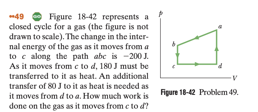 ..49
Figure 18-42 represents a
closed cycle for a gas (the figure is not
drawn to scale). The change in the inter-
nal energy of the gas as it moves from a
to c along the path abc is -200 J.
As it moves from c to d, 180 J must be
transferred to it as heat. An additional
transfer of 80 J to it as heat is needed as
it moves from d to a. How much work is
done on the gas as it moves from c to d?
b
C
a
d
V
Figure 18-42 Problem 49.