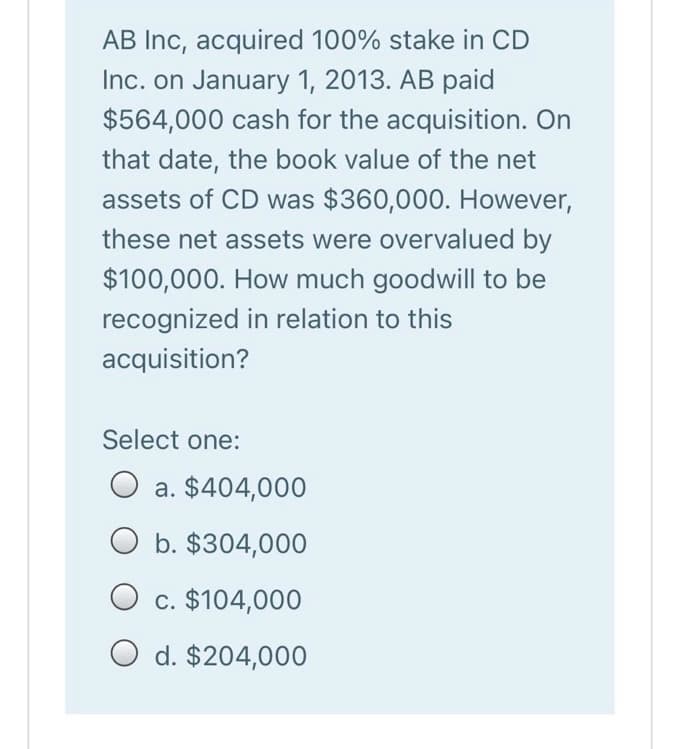 AB Inc, acquired 100% stake in CD
Inc. on January 1, 2013. AB paid
$564,000 cash for the acquisition. On
that date, the book value of the net
assets of CD was $360,000. However,
these net assets were overvalued by
$100,000. How much goodwill to be
recognized in relation to this
acquisition?
Select one:
O a. $404,000
b. $304,000
c. $104,000
O d. $204,000
