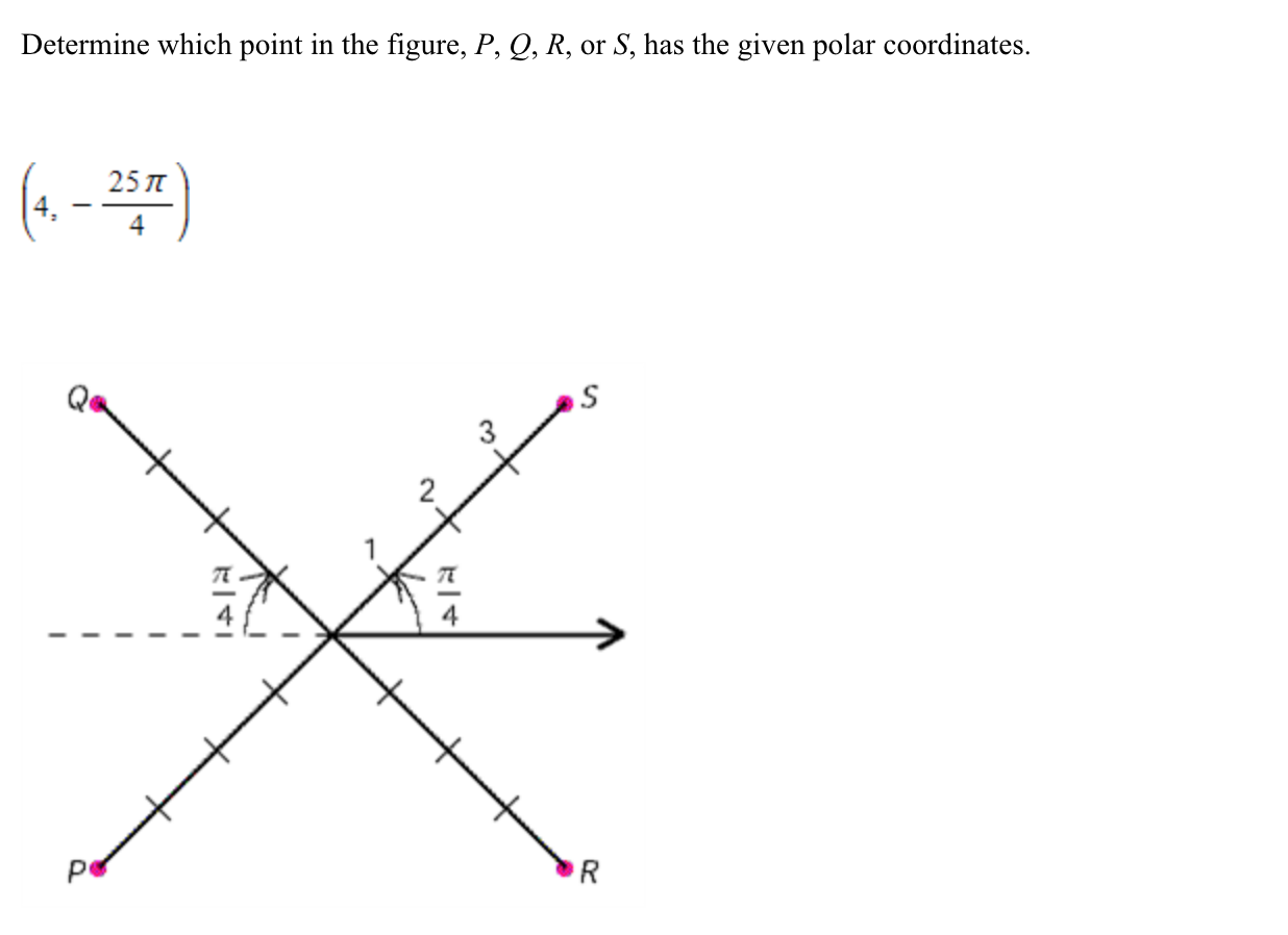 Determine which point in the figure, P, Q, R, or S, has the given polar coordinates.
25 T
4
